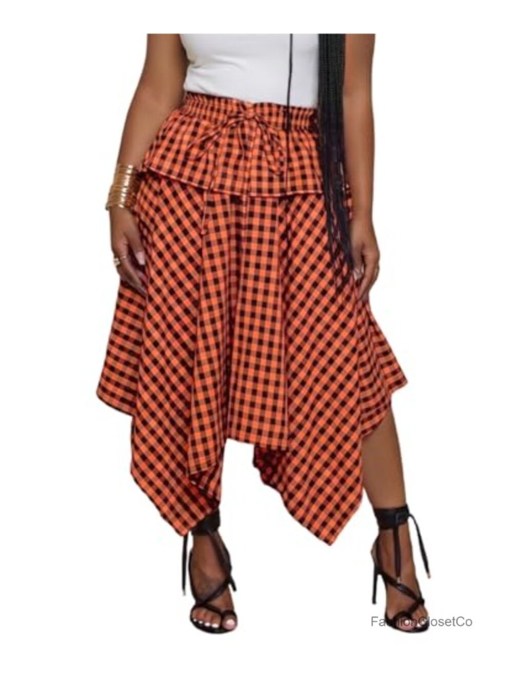 Gingham Handkerchief Midi Skirt Asymmetrical Plaid High Rise A-Line